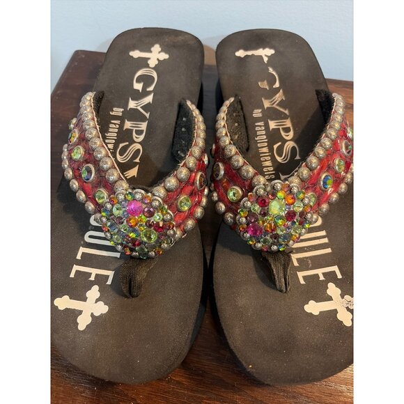 Gypsy Soule Womens Rhinestone Embellished Black Flip Flops Red Snakeskin Straps - Picture 6 of 7